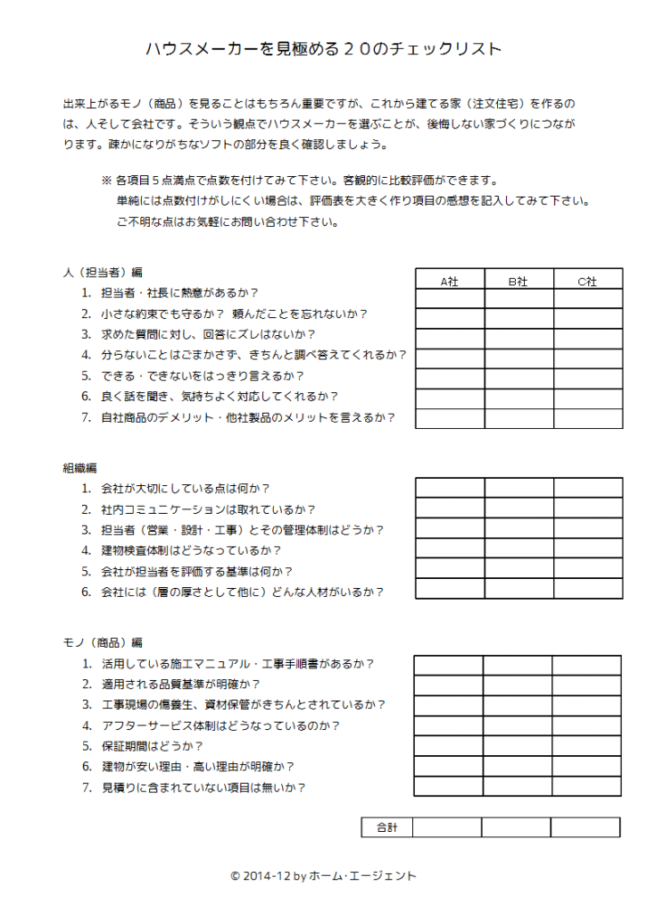 ハウスメーカーが比較できるチェックリスト